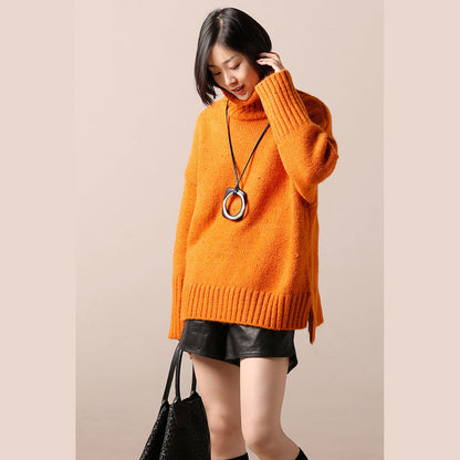 Sweater Dress High Neck Yellow Tunic Knit Dress Fall Side Open