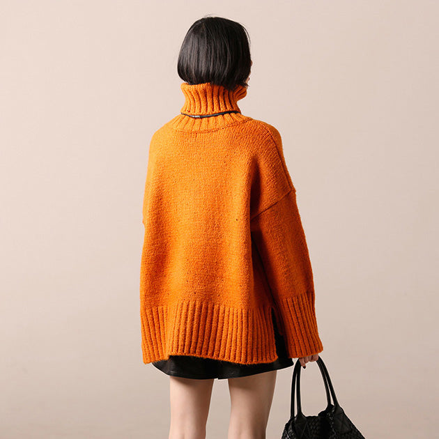 Sweater Dress High Neck Yellow Tunic Knit Dress Fall Side Open