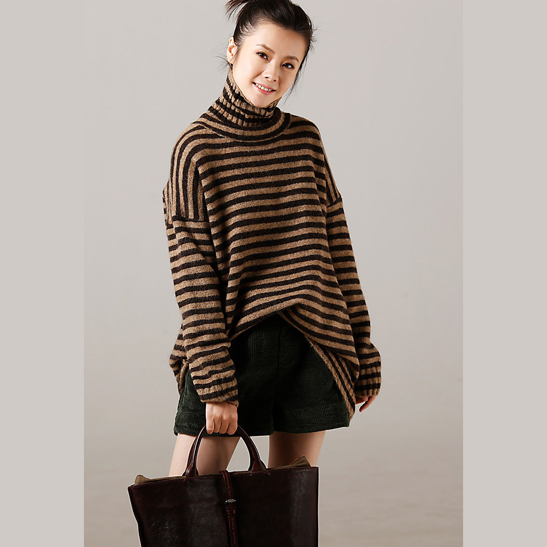 Sweater Pullover High Neck Khaki Thick Art Knitted Tops Striped