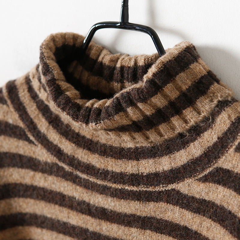 Sweater Pullover High Neck Khaki Thick Art Knitted Tops Striped
