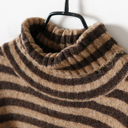 Sweater Pullover High Neck Khaki Thick Art Knitted Tops Striped
