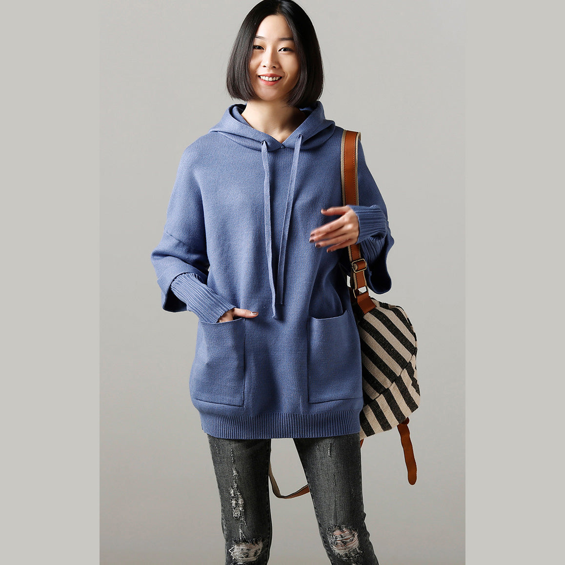 Sweater Weather Upcycle Big Pockets Blue Daily Knit Top Hooded Fall
