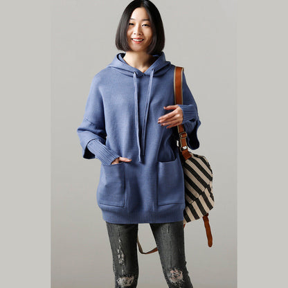 Sweater Weather Upcycle Big Pockets Blue Daily Knit Top Hooded Fall