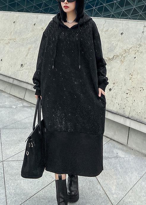 Sweater Autumn Winter Loose Hooded Plush Shiny Black Dress
