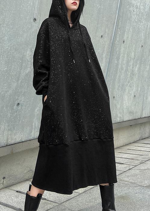 Sweater Autumn Winter Loose Hooded Plush Shiny Black Dress
