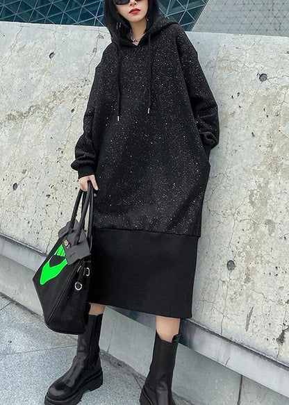 Sweater Autumn Winter Loose Hooded Plush Shiny Black Dress