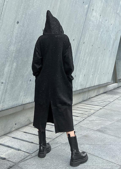 Sweater Autumn Winter Loose Hooded Plush Shiny Black Dress