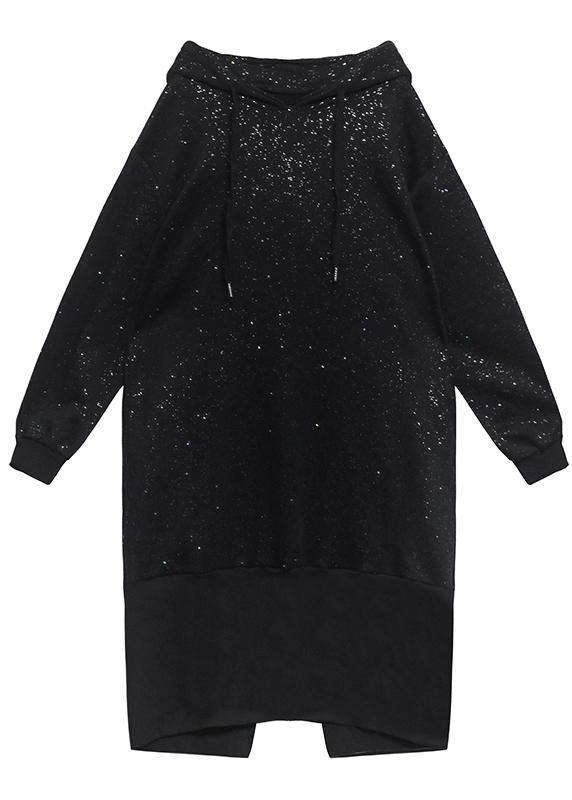 Sweater Autumn Winter Loose Hooded Plush Shiny Black Dress
