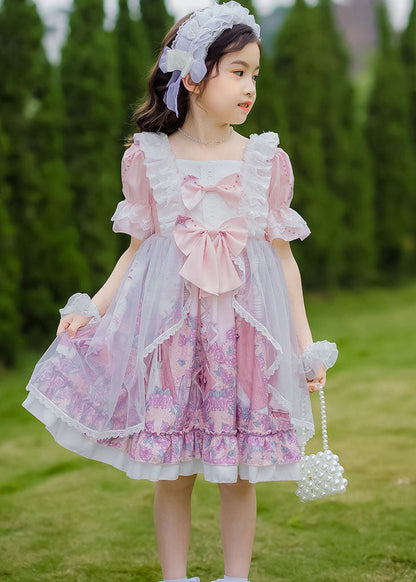Sweet Pink Ruffled Bow Character Patchwork Tulle Kids Princess Dress Summer