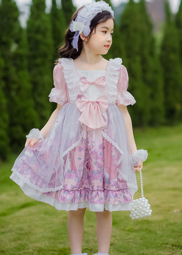 Sweet Pink Ruffled Bow Character Patchwork Tulle Kids Princess Dress Summer