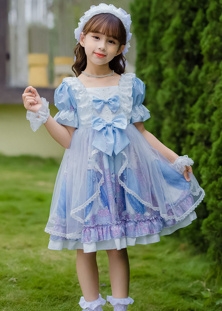 Sweet Pink Ruffled Bow Character Patchwork Tulle Kids Princess Dress Summer
