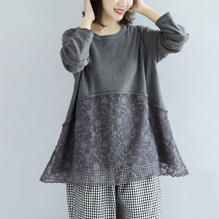 Sweet Lace Patchwork Cotton Knit Sweaters Gray Pullover Knit Tops