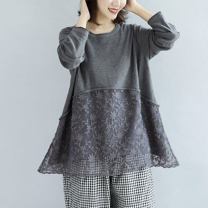Sweet Lace Patchwork Cotton Knit Sweaters Gray Pullover Knit Tops
