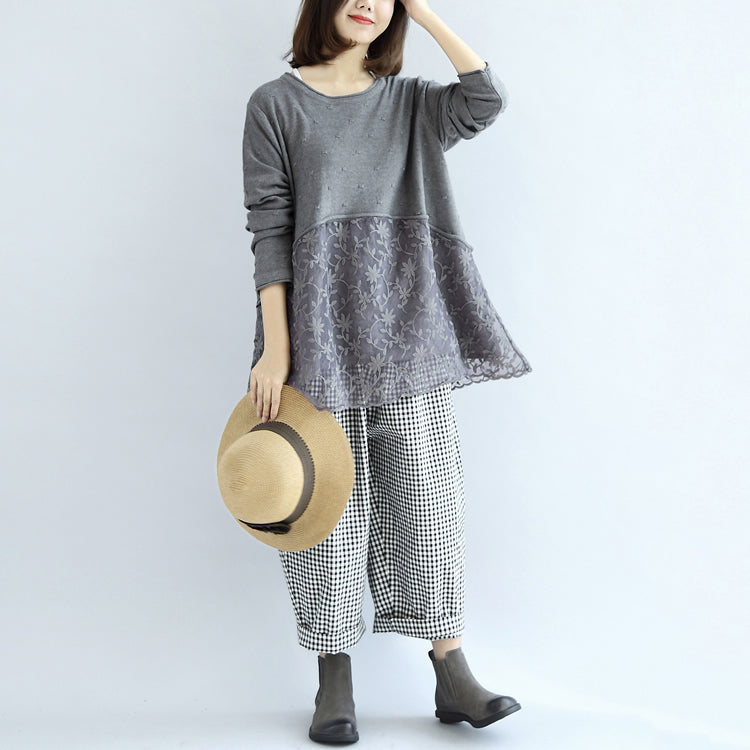 Sweet Lace Patchwork Cotton Knit Sweaters Gray Pullover Knit Tops