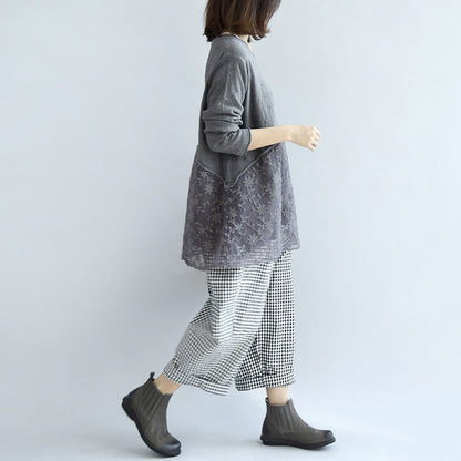Sweet Lace Patchwork Cotton Knit Sweaters Gray Pullover Knit Tops