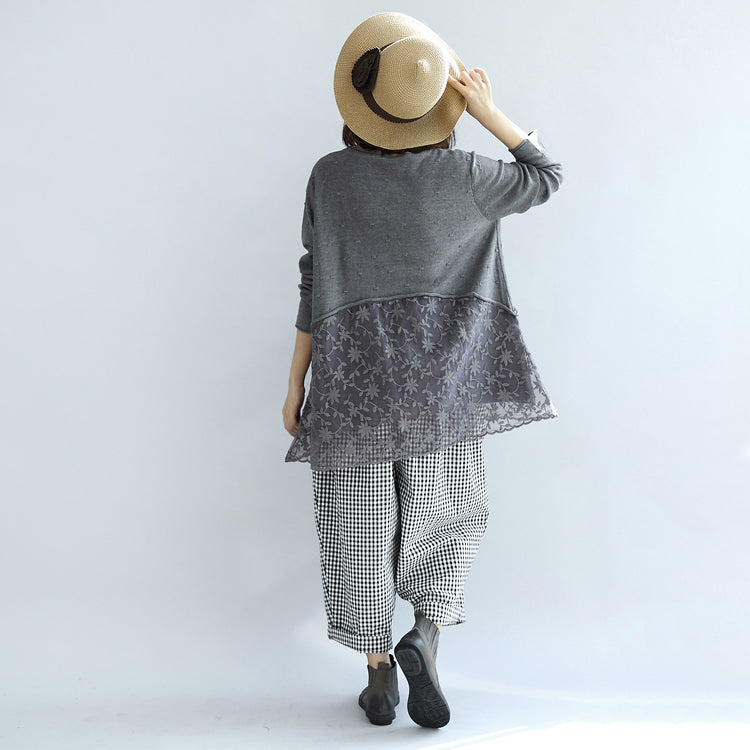 Sweet Lace Patchwork Cotton Knit Sweaters Gray Pullover Knit Tops
