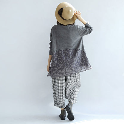 Sweet Lace Patchwork Cotton Knit Sweaters Gray Pullover Knit Tops