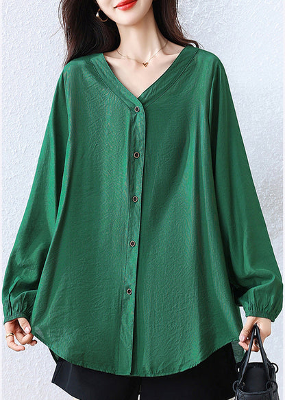 Tea Green Cotton Shirt V Neck Oversized Fall