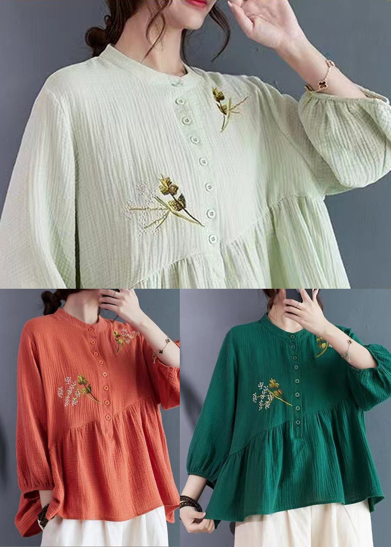 Tea Green Patchwork Cotton Shirt Embroidered Summer