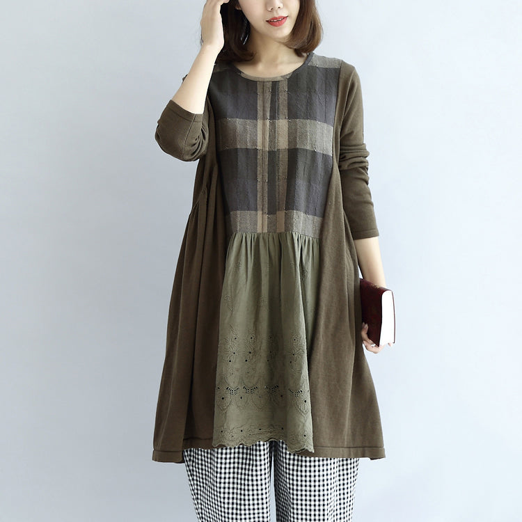 Tea Green Patchwork Plaid Cotton Dresses Oversize Shift Dresses