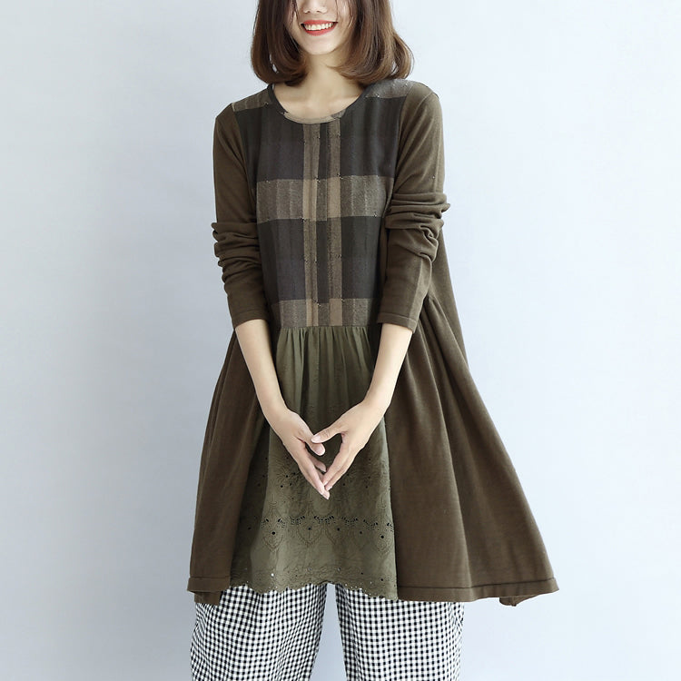 Tea Green Patchwork Plaid Cotton Dresses Oversize Shift Dresses
