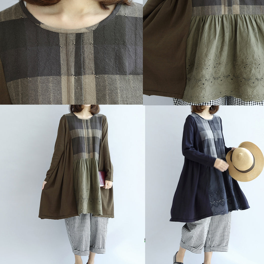 Tea Green Patchwork Plaid Cotton Dresses Oversize Shift Dresses