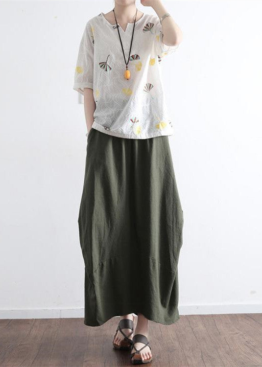 Tea Green Simple Pockets Linen Skirts Long Maxi Skirt
