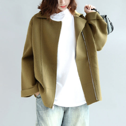 Tea Green Zippered Woolen Short Coats Oversize Jackets Cape Coat
