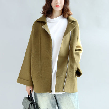 Tea Green Zippered Woolen Short Coats Oversize Jackets Cape Coat