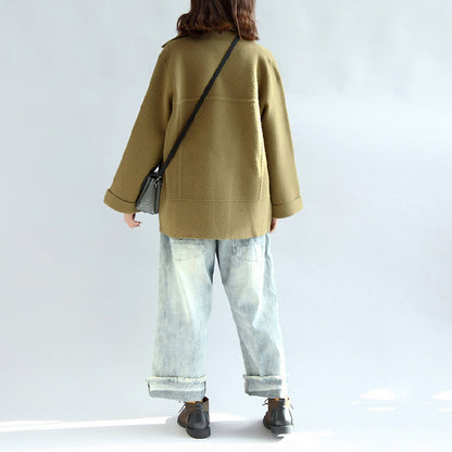 Tea Green Zippered Woolen Short Coats Oversize Jackets Cape Coat