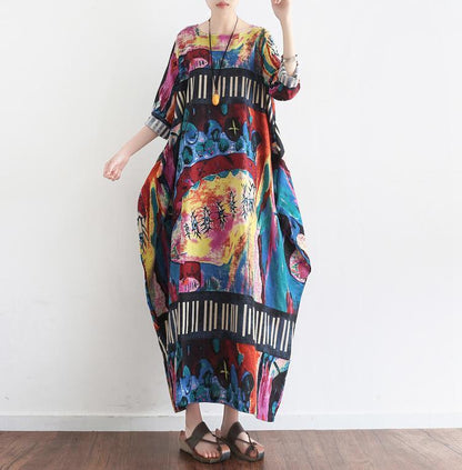 The Secret World Print Linen Dresses Oversize Caftans Fall Cotton Gown