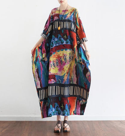 The Secret World Print Linen Dresses Oversize Caftans Fall Cotton Gown