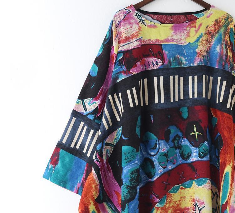 The Secret World Print Linen Dresses Oversize Caftans Fall Cotton Gown