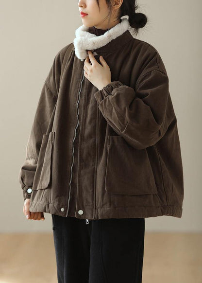 Thick Chocolate Outwear Stand Collar Zippered Outwear