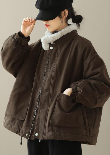 Thick Chocolate Outwear Stand Collar Zippered Outwear