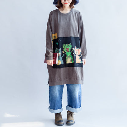 Three Happy Cats Print Cotton Dresses Oversized Sweat Dress Pullover