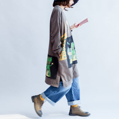 Three Happy Cats Print Cotton Dresses Oversized Sweat Dress Pullover