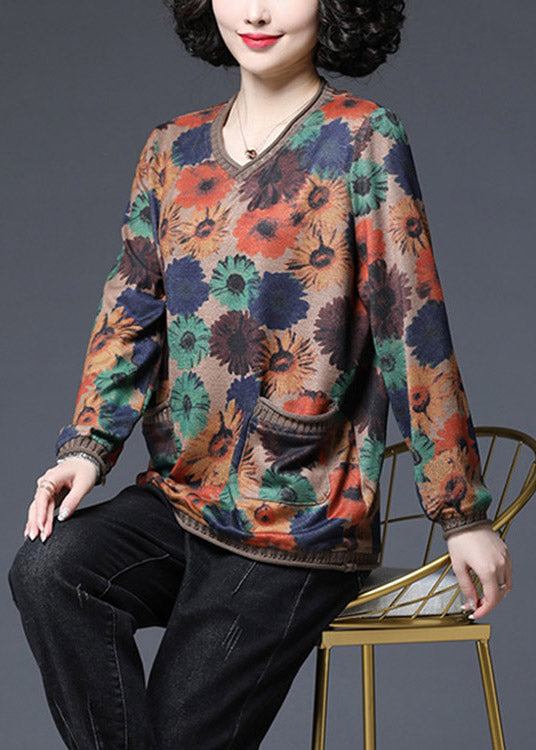 2025 Baggy V Neck Print Pockets Knit Tops Long sleeve