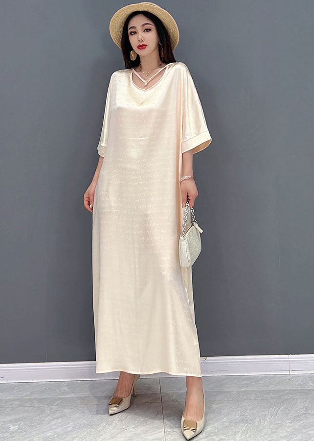 Beige O-neck Oversized Tie Waist Silk Long Dress Half Sleeve