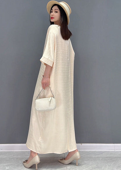 Beige O-neck Oversized Tie Waist Silk Long Dress Half Sleeve
