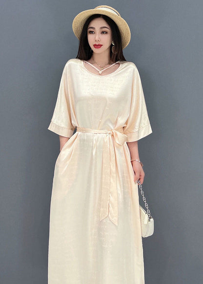 Beige O-neck Oversized Tie Waist Silk Long Dress Half Sleeve