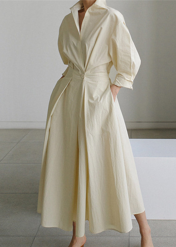Green Peter Pan Collar Pockets Cotton Dress Long Sleeve