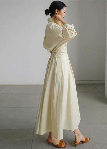 Apricot Flowers Peter Pan Collar Pockets Cotton Dress Long Sleeve