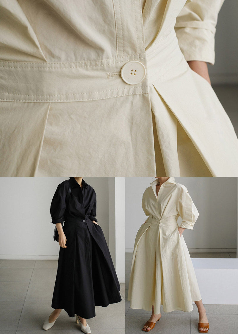 Green Peter Pan Collar Pockets Cotton Dress Long Sleeve