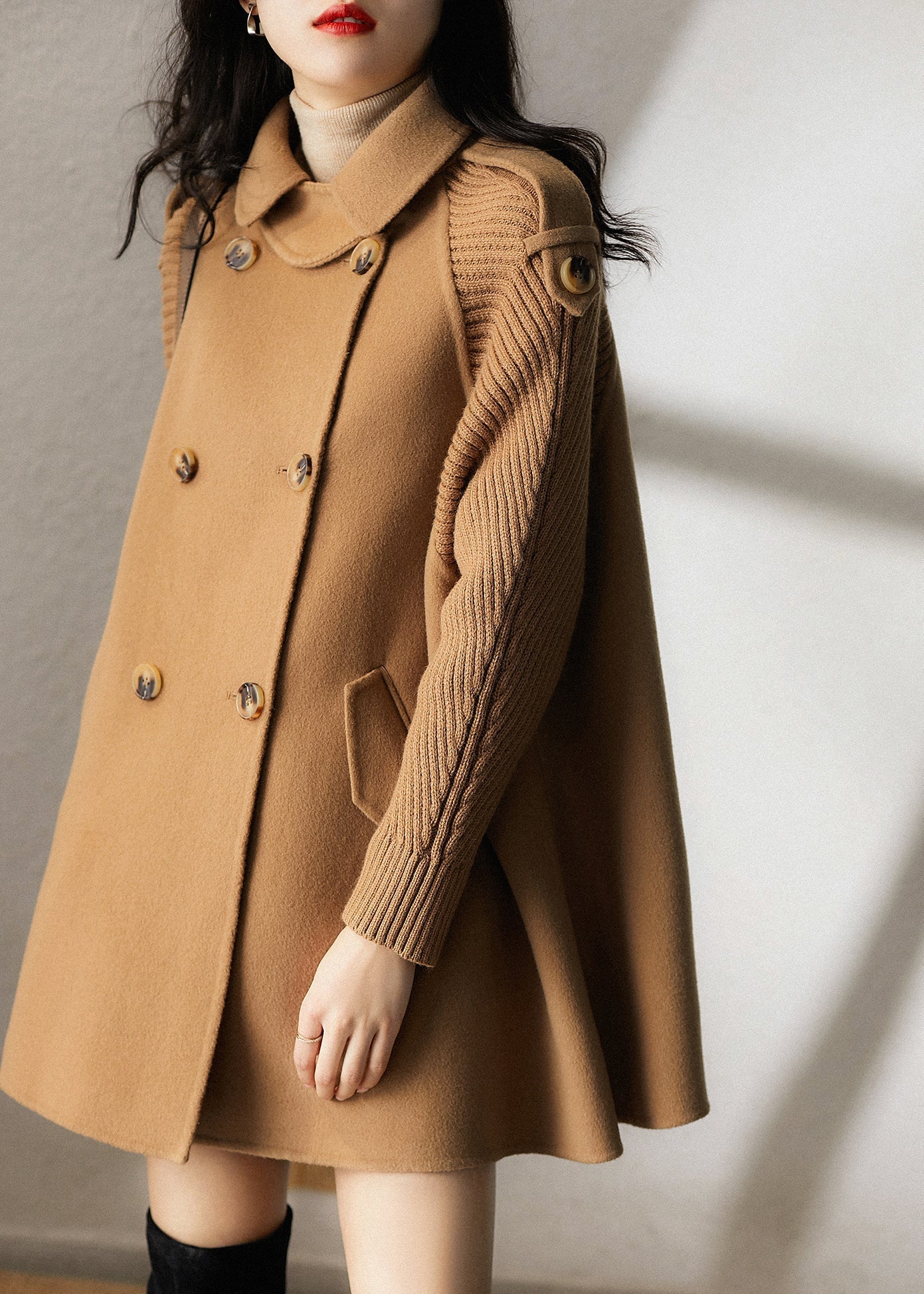 Black Peter Pan Collar Pockets Woolen Coats Spring