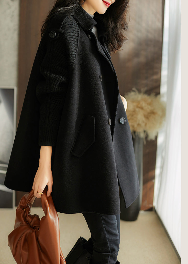 Black Peter Pan Collar Pockets Woolen Coats Spring