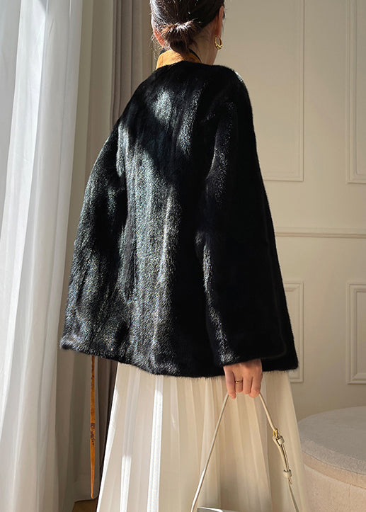 Top Quality Black Print Lace Up Mink Hair Leather and Fur Coats Winter