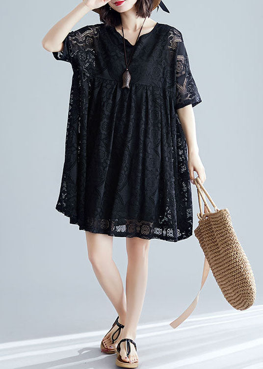 Black V Neck Wrinkled Exra Large Hem Lace a Line Dress Short Sleeve