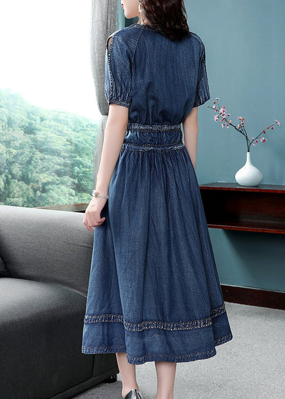 Blue Cinched V Neck Cotton Denim Dress Short Sleeve