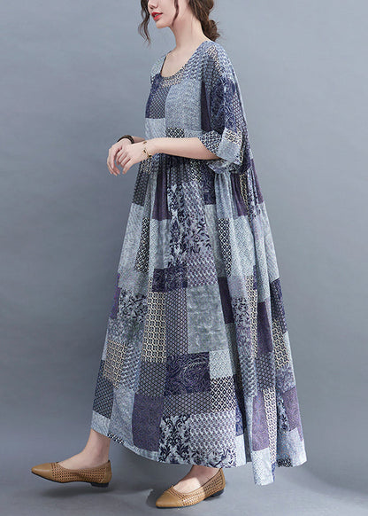 Blue Plaid O-neck Wrinkled Exra Large Hem Dress Half Sleeve
